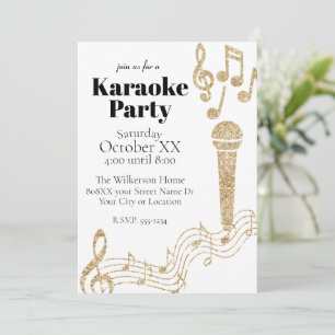 Karaoke Party Guld Glitter Musik noter på White Inbjudningar