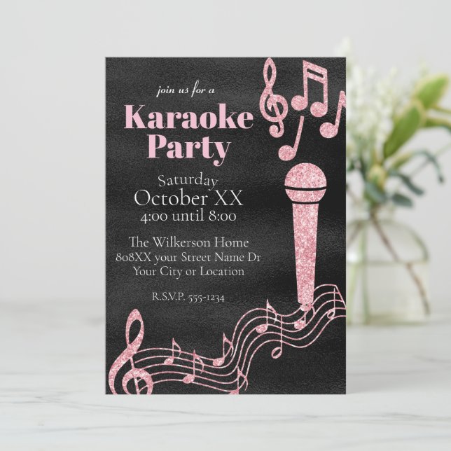 Karaoke Party Rosa Glitter Musik noter på Black Inbjudningar (Stående Fram)