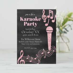 Karaoke Party Rosa Glitter Musik noter på Black Inbjudningar