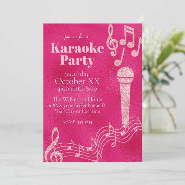 Karaokefest Hot Pink Glitter Musiknoter Inbjudningar (Stående Fram)