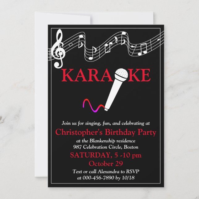 Karaokefest Musikalisk Skala Mikrofon Röd Vit Inbjudningar (Framsida)