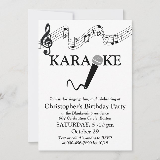 Karaokefest Musikalisk Skala Mikrofon Svart Vit Inbjudningar (Framsida)
