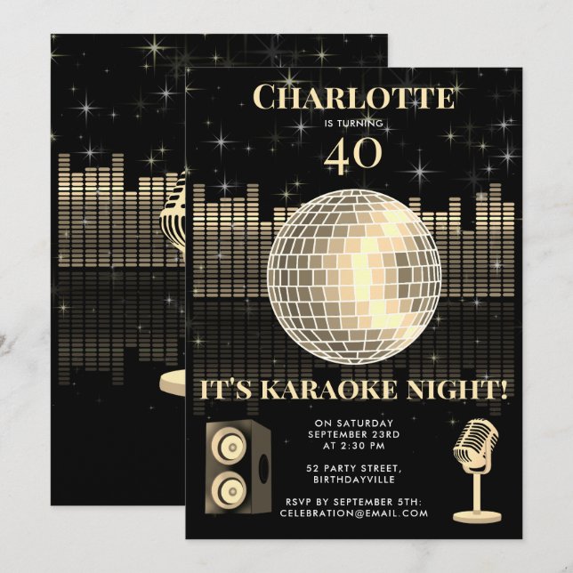 Karaokekväll Black Gold 40-års Disco Födelsedagsfe Inbjudningar (Fram/baksida)