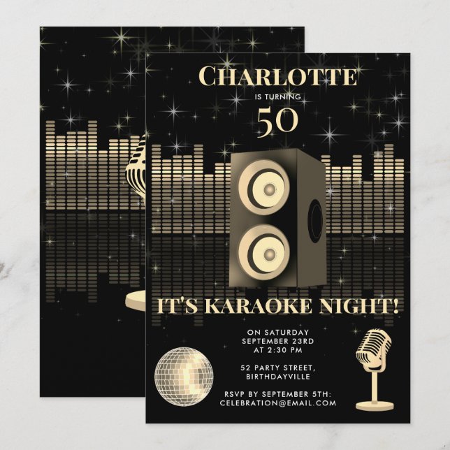Karaokekväll Black Gold 50-års Disco Födelsedagsfe Inbjudningar (Fram/baksida)