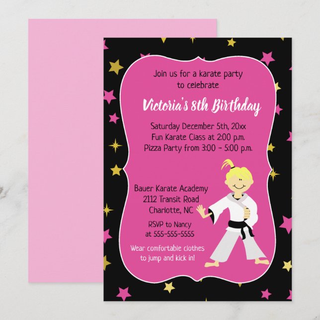 Karate Birthday Investigation Girl Black Bälte Inbjudningar (Fram/baksida)