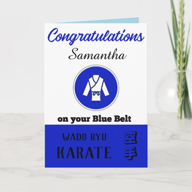 Karate Blue Bälte Promotion Grattiss Card Tack Kort (Framsida)