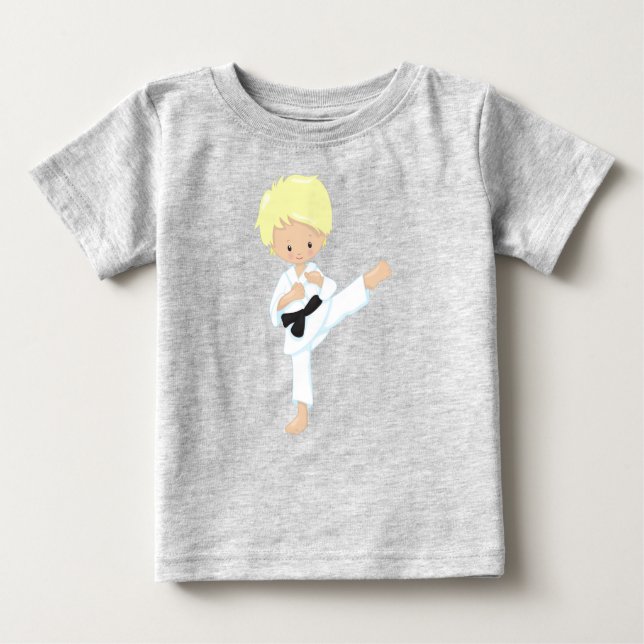 Karate Boy, Cute Boy, Blond Hair, Black Bälte T Shirt (Framsida)