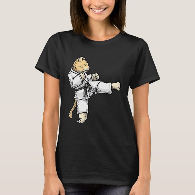 Karate Cat Black Bälte Martial Training Taekwondo T Shirt (Framsida)