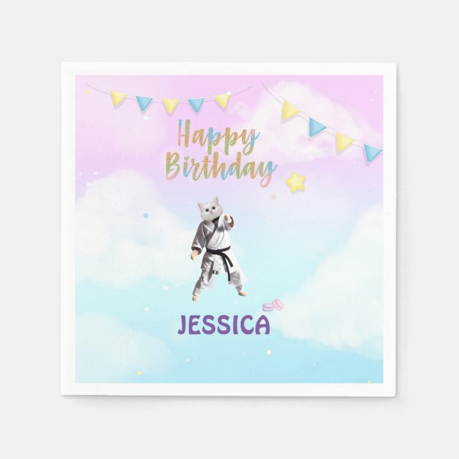 Karate Cat Födelsedagsfest Girl Party Taekwondo Pappersservett (Framsidan)