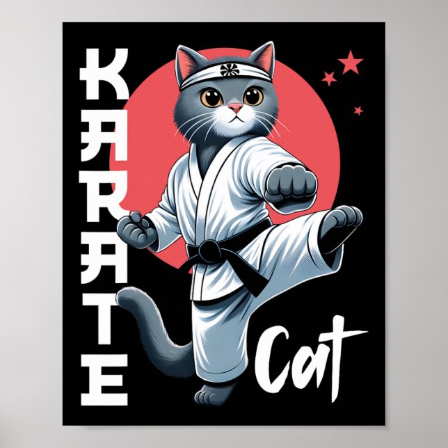 Karate Cat Gi Black Bälte Martial Arts Kick Kattdj Poster (Framsidan)