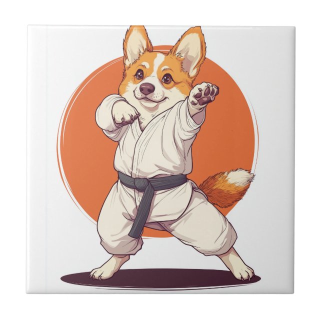 Karate Corgi � Hund med kampsport Kakelplatta (Framsidan)