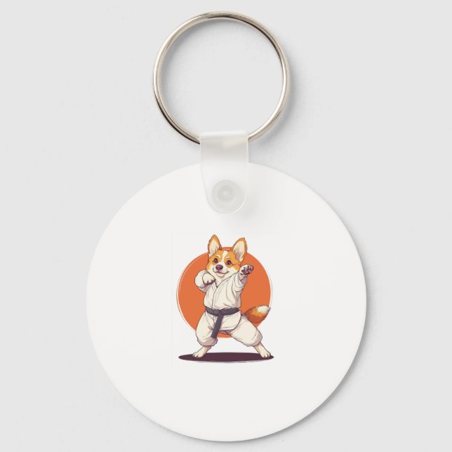 Karate Corgi � Martial Arts Hund Nyckelring (Framsida)