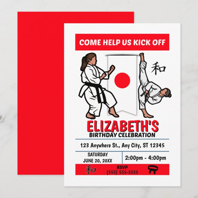 Karate Födelsedagsfest Inbjudan (Flickor) (Fram/baksida)