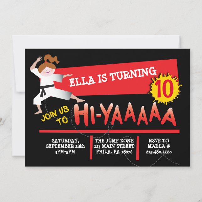 Karate Girl Kick Red Födelsedagsfest inbjudan (Framsida)