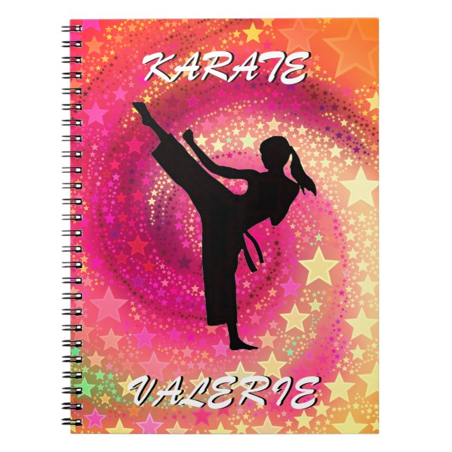 Karate Girl Kick Stars och Swirls Retro Anteckningsbok (Framsidan)
