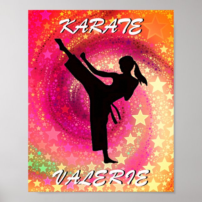 Karate Girl Kick Stars och Swirls Retro Poster (Framsidan)