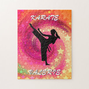 Karate Girl Kick Stars och Swirls Retro Pussel