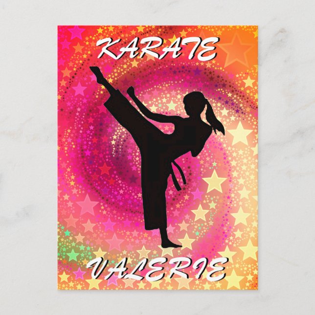 Karate Girl Kick Stars och Swirls Retro Vykort (Framsida)