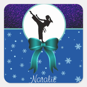 Karate Girls Glitter och Bow Snowflake Fyrkantigt Klistermärke