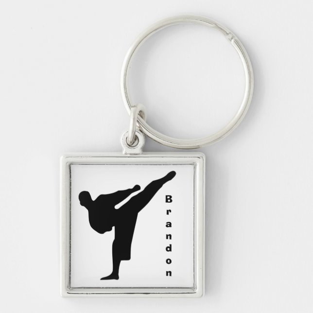 Karate Keychain Fyrkantig Silverfärgad Nyckelring (Framsidan)