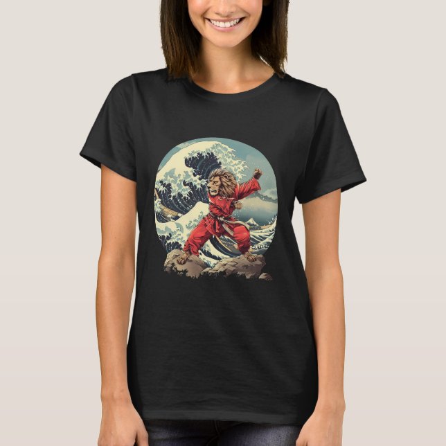 Karate Lejon Vågor Mount Fuji Kickboxning Taekwond T Shirt (Framsida)