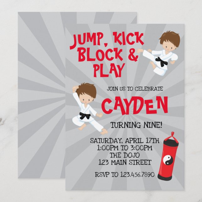 Karate Martial Arts Red and Black Birthday Inbjudningar (Fram/baksida)