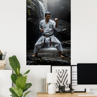 Karate-mästare utför Kata under vattenfall Poster