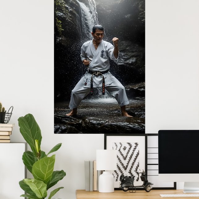 Karate-mästare utför Kata under vattenfall Poster (Hemmakontoret)