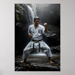 Karate-mästare utför Kata under vattenfall Poster