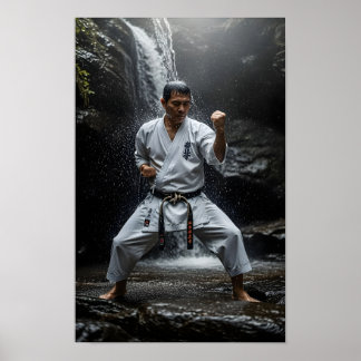 Karate-mästare utför Kata under vattenfall Poster