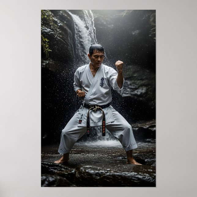 Karate-mästare utför Kata under vattenfall Poster (Framsidan)