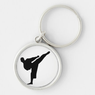 Karate/Taekwondo sparkar Silhouetterundan Keychain Rund Silverfärgad Nyckelring