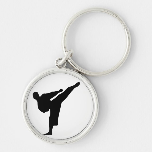 Karate/Taekwondo sparkar Silhouetterundan Keychain Rund Silverfärgad Nyckelring (Framsidan)