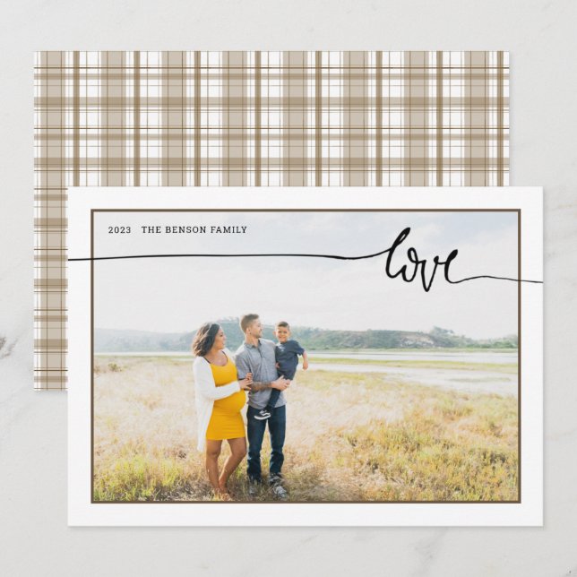 Kardad Plaid KÄRlek Minimal Script Brun Julkort (Fram/baksida)