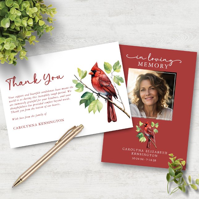Kardinal Bird Funeral Memorial Photo Tack Kort (Cardinal Bird Funeral Memorial Photo Thank You Card)