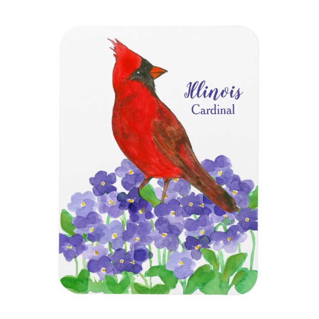 Kardinal Bird Lila Violet Flowers Vattenfärg Magnet (Vertikal)