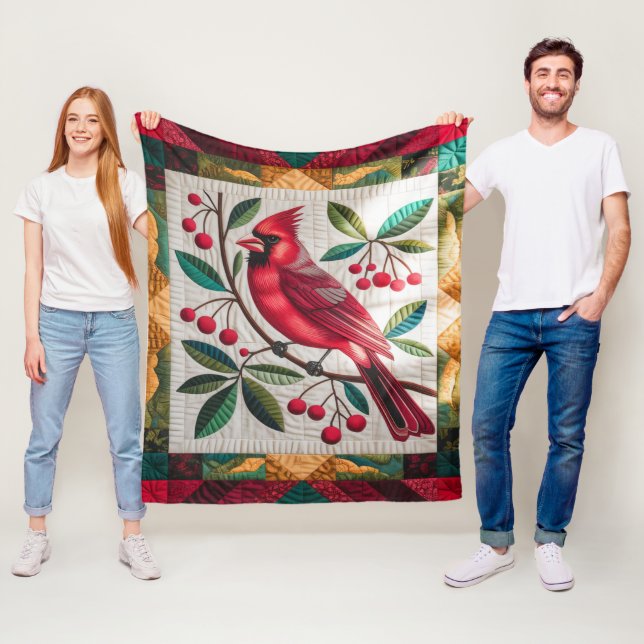 Kardinal Bird Quilt, Fleece Blanket - Vibrant Red (På plats)