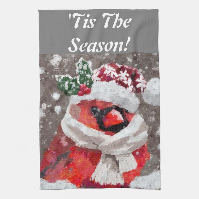 Kardinal Bird Scarf & Hat vid Snö-jul Kökshandduk (Vertikal)