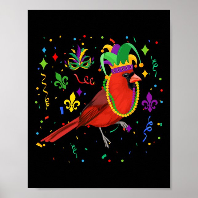 Kardinal Bird Wearing Mardi Gras Pärlor Jester Hat Poster (Framsidan)