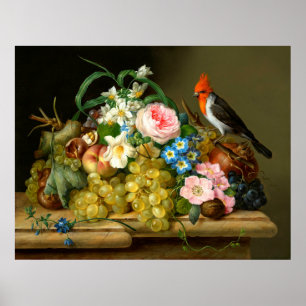 Kardinal, frukt och blommastillebenaffisch poster