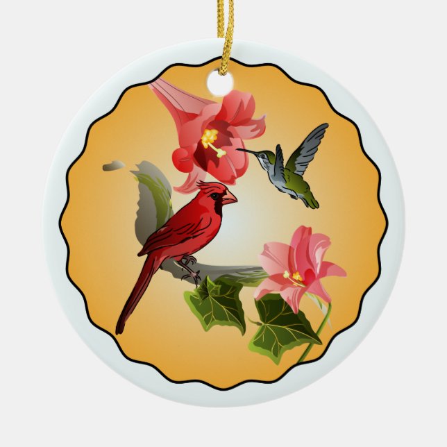 Kardinal & Hummingbird med Rosa Lilies Round Julgransprydnad Keramik (Framsidan)
