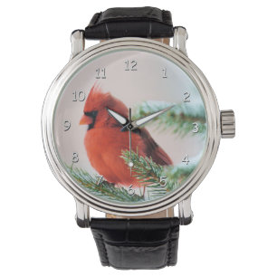 Kardinal i snö dammat av granträd armbandsur