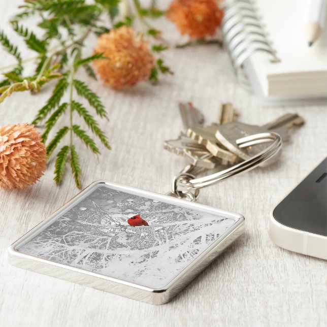 Kardinal i Winter Fyrkantig Silverfärgad Nyckelring (Sidan)