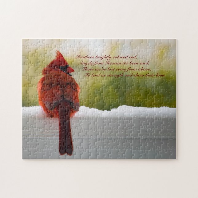 Kardinal med besökare från himlen 14 x 11 utmanand pussel (Horisontell)