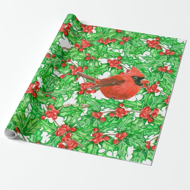 Kardinal- och hollinbärets vattenfärg mönster presentpapper (Utrullad)