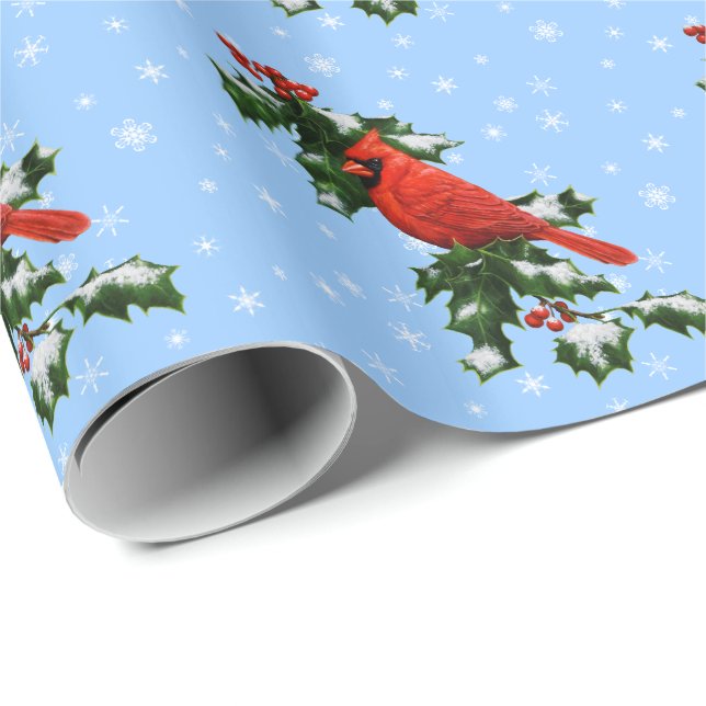Kardinal och Holly Snöflingor Presentpapper (Rullad Hörn)