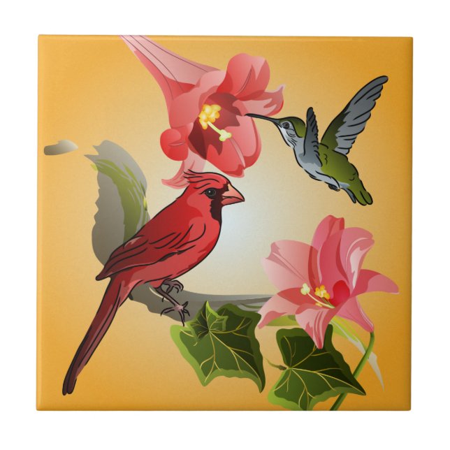 Kardinal och Hummingbird med Rosa Lilies och Ivy Kakelplatta (Framsidan)