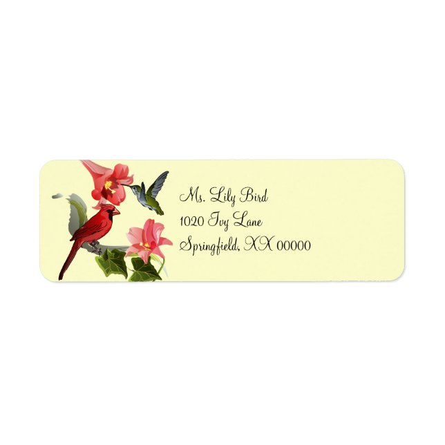 Kardinal och Hummingbird med Rosa Lilies och Ivy Returadress Etikett (Framsidan)