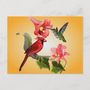 Kardinal och Hummingbird med Rosa Lilies och Ivy Vykort