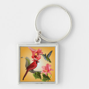 Kardinal och Hummingbird med rosa liljar och Fyrkantig Silverfärgad Nyckelring